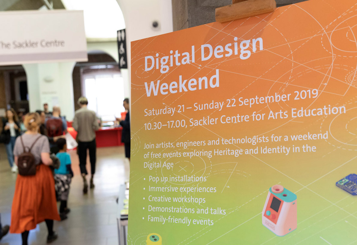 Digital Design Weekend banner at the V&A Museum in London.